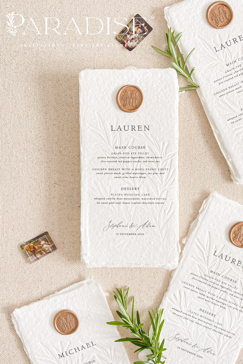 Introduce timeless refinement to your reception tables with our embossed handmade paper wedding menus, a stunning fusion of artisanal craftsmanship and fine art design. Each menu is carefully hand-pressed on 100% cotton rag paper with naturally torn deckled edges, featuring a beautifully embossed botanical pattern that adds depth, texture, and elegance.