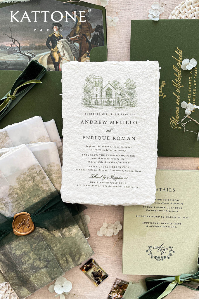 Luxury handmade paper wedding invitation suite with vellum covers, olive green envelopes, velvet ribbon, and wax seal.