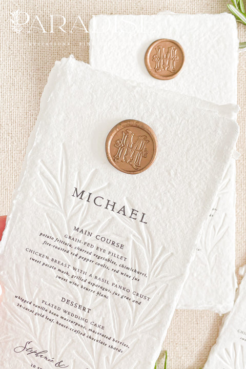 Introduce timeless refinement to your reception tables with our embossed handmade paper wedding menus, a stunning fusion of artisanal craftsmanship and fine art design. Each menu is carefully hand-pressed on 100% cotton rag paper with naturally torn deckled edges, featuring a beautifully embossed botanical pattern that adds depth, texture, and elegance.