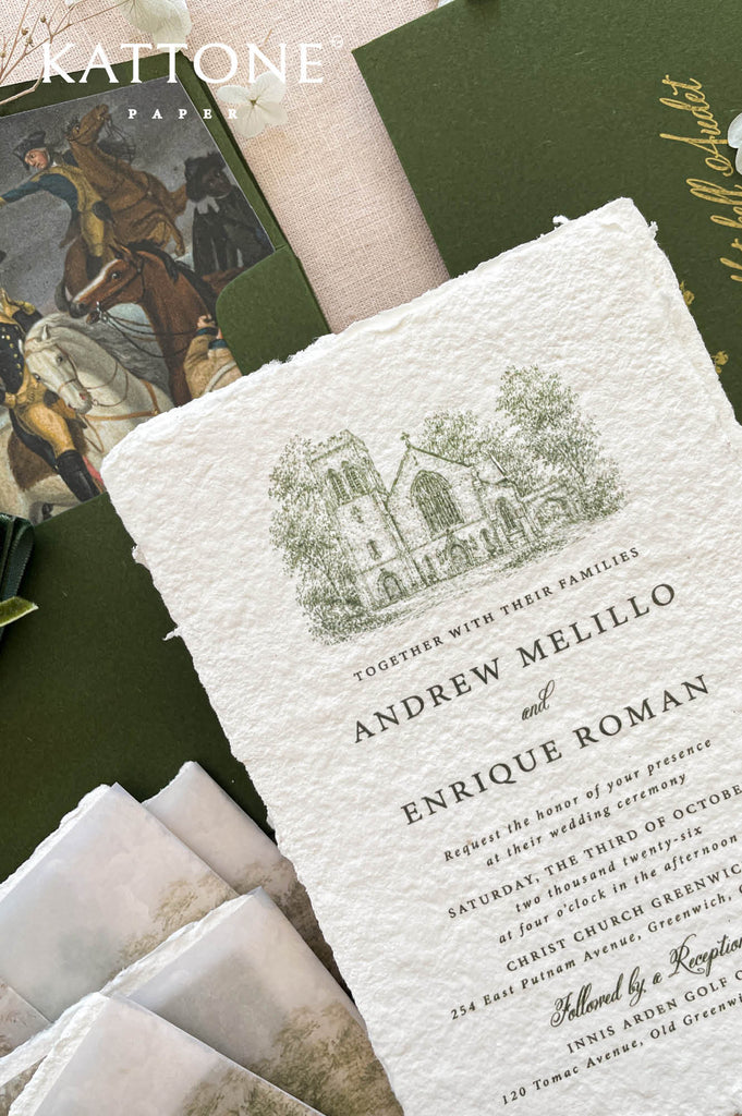 Custom envelope liners and inserts feature vintage-inspired landscape artwork in muted green and earthy tones, creating a timeless and artistic aesthetic.
