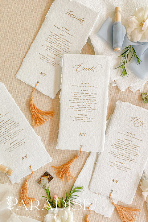Elevate your table styling with our handmade paper wedding menus with tassels, where timeless craftsmanship meets modern sophistication. Each menu is hand-torn from 100% cotton rag paper, featuring natural deckled edges, elegant typography, and a custom tassel accent that adds texture, movement, and warmth to your table setting. Perfect for bohemian, Mediterranean, or fine art-inspired weddings, these menus combine old-world artistry with contemporary luxury.