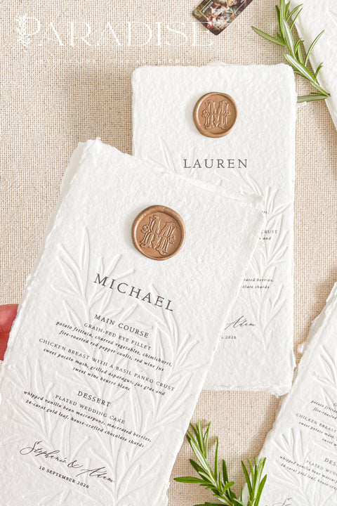Introduce timeless refinement to your reception tables with our embossed handmade paper wedding menus, a stunning fusion of artisanal craftsmanship and fine art design. Each menu is carefully hand-pressed on 100% cotton rag paper with naturally torn deckled edges, featuring a beautifully embossed botanical pattern that adds depth, texture, and elegance.