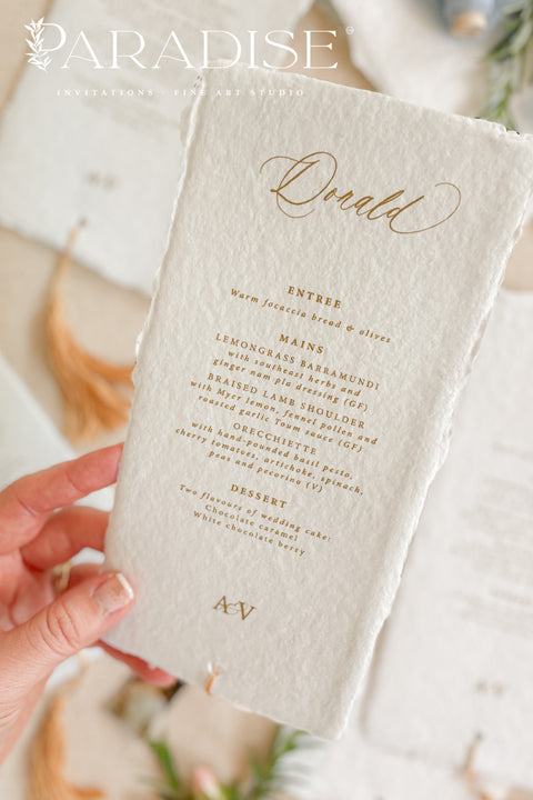 Elevate your table styling with our handmade paper wedding menus with tassels, where timeless craftsmanship meets modern sophistication. Each menu is hand-torn from 100% cotton rag paper, featuring natural deckled edges, elegant typography, and a custom tassel accent that adds texture, movement, and warmth to your table setting. Perfect for bohemian, Mediterranean, or fine art-inspired weddings, these menus combine old-world artistry with contemporary luxury.