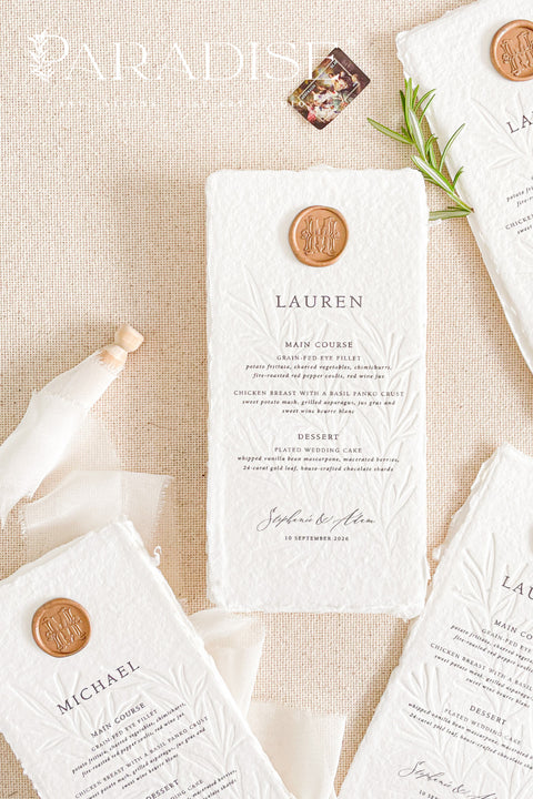 Introduce timeless refinement to your reception tables with our embossed handmade paper wedding menus, a stunning fusion of artisanal craftsmanship and fine art design. Each menu is carefully hand-pressed on 100% cotton rag paper with naturally torn deckled edges, featuring a beautifully embossed botanical pattern that adds depth, texture, and elegance.