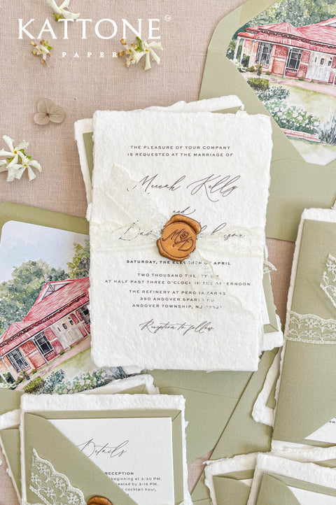 Luxury handmade paper wedding invitation with deckled edges, sage green envelope, watercolor venue illustration and wax seal