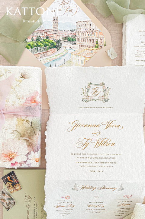Premium concertina-style handmade wedding invitation suite with floral artwork, deckled edge cotton paper, vellum wraps and blush ribbon accents for elegant romantic weddings.