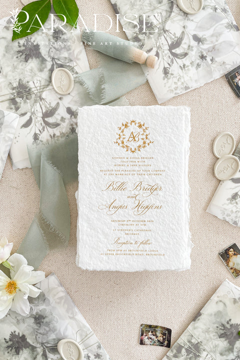 Our handmade wedding invitation suite features a custom hand-drawn monogram, printed on luxury deckled-edge cotton paper, and wrapped in translucent vellum jackets adorned with fine art floral illustrations. Each suite is finished with a silk ribbon and wax seal, blending old-world romance with modern artistry. Designed for couples who cherish attention to detail, this suite embodies elegance and craftsmanship - perfect for fine art, garden, or destination weddings.