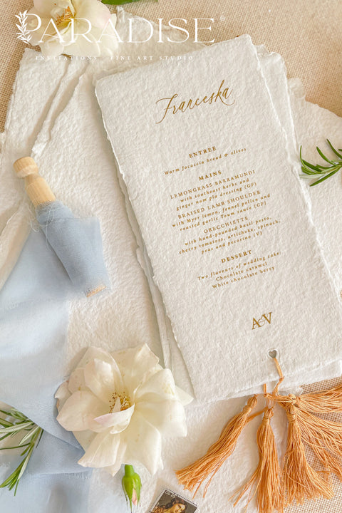 Elevate your table styling with our handmade paper wedding menus with tassels, where timeless craftsmanship meets modern sophistication. Each menu is hand-torn from 100% cotton rag paper, featuring natural deckled edges, elegant typography, and a custom tassel accent that adds texture, movement, and warmth to your table setting. Perfect for bohemian, Mediterranean, or fine art-inspired weddings, these menus combine old-world artistry with contemporary luxury.