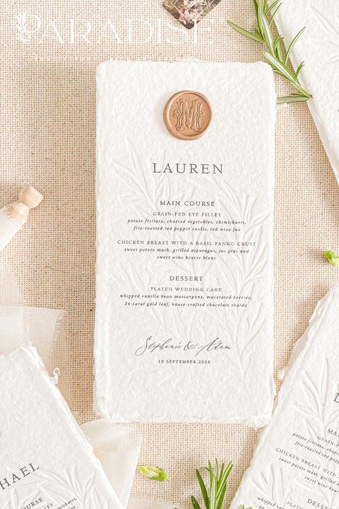 Introduce timeless refinement to your reception tables with our embossed handmade paper wedding menus, a stunning fusion of artisanal craftsmanship and fine art design. Each menu is carefully hand-pressed on 100% cotton rag paper with naturally torn deckled edges, featuring a beautifully embossed botanical pattern that adds depth, texture, and elegance.