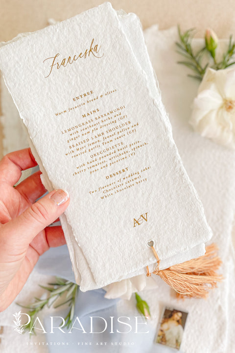 Elevate your table styling with our handmade paper wedding menus with tassels, where timeless craftsmanship meets modern sophistication. Each menu is hand-torn from 100% cotton rag paper, featuring natural deckled edges, elegant typography, and a custom tassel accent that adds texture, movement, and warmth to your table setting. Perfect for bohemian, Mediterranean, or fine art-inspired weddings, these menus combine old-world artistry with contemporary luxury.