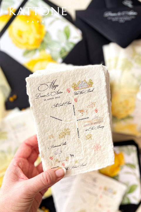 Set a timeless and deeply personal tone for your special day with this exquisite wedding invitation set. The elegant suite features a bespoke, hand-painted custom map illustration watercolor that beautifully guides your guests to your wedding location. More than just an invitation, this is a piece of timeless romantic stationery that your guests will cherish as a keepsake. The unique design tells a story of your journey together, making every element of the invitation truly meaningful.