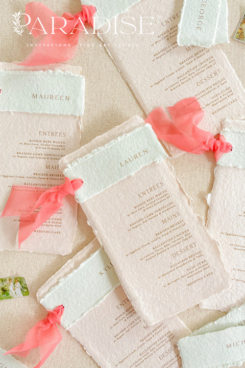 Infuse your event with understated romance and artisanal charm through our colored handmade paper wedding menus, designed to elevate your table styling with a fine art touch. Each piece is handcrafted from 100% cotton rag paper, featuring deckled edges, soft blush tones, and refined letterpress or digital typography for an effortlessly elegant aesthetic. Perfect for weddings, engagement parties, rehearsal dinners, or intimate celebrations.