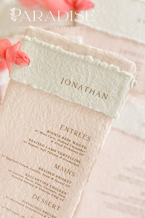 Infuse your event with understated romance and artisanal charm through our colored handmade paper wedding menus, designed to elevate your table styling with a fine art touch. Each piece is handcrafted from 100% cotton rag paper, featuring deckled edges, soft blush tones, and refined letterpress or digital typography for an effortlessly elegant aesthetic. Perfect for weddings, engagement parties, rehearsal dinners, or intimate celebrations.