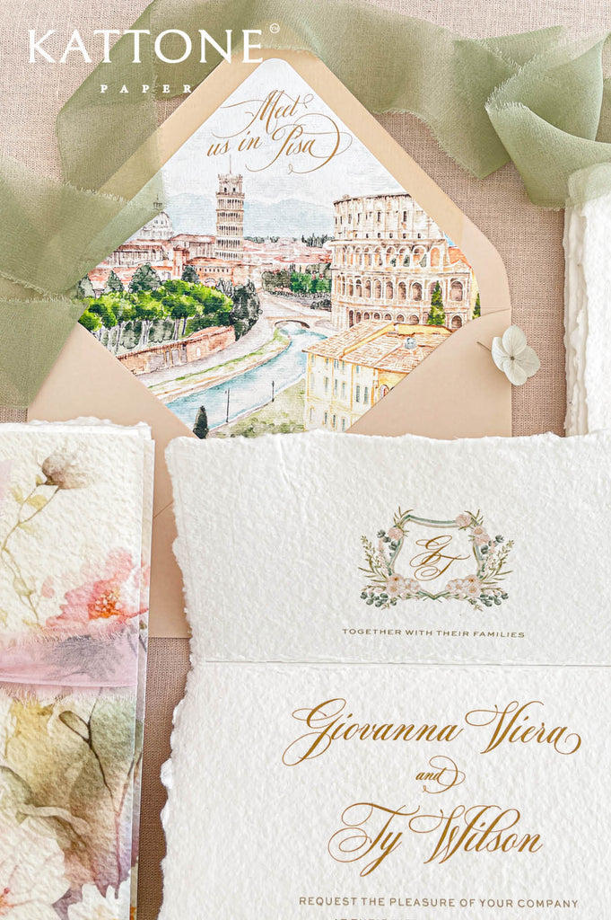 Luxury wedding stationery featuring delicate watercolor floral artwork in blush pink, ivory and soft green tones for a romantic garden-inspired aesthetic.