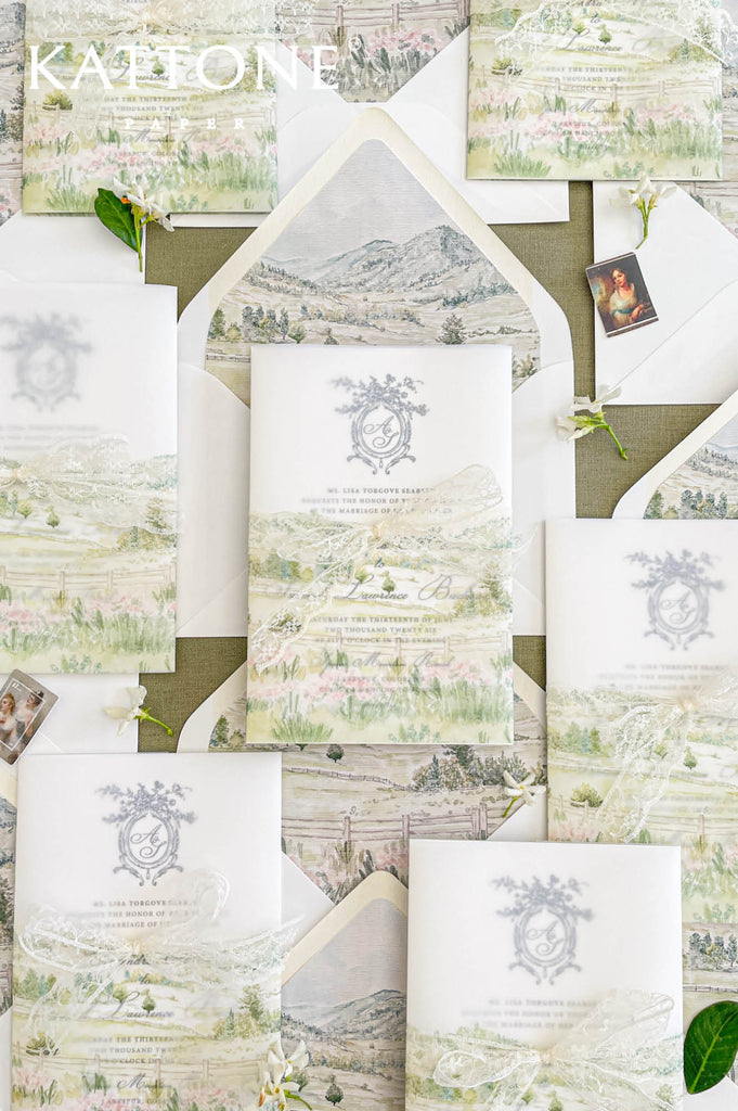 Complete wedding invitation suite with vellum wrap, details card, and coordinated envelopes.