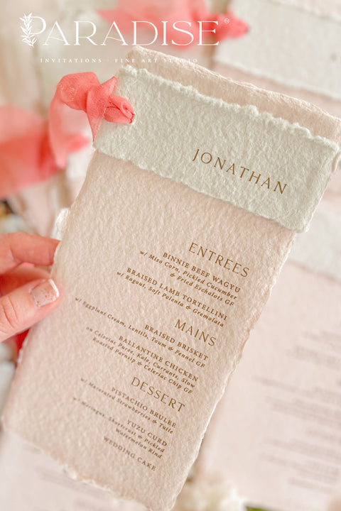 Infuse your event with understated romance and artisanal charm through our colored handmade paper wedding menus, designed to elevate your table styling with a fine art touch. Each piece is handcrafted from 100% cotton rag paper, featuring deckled edges, soft blush tones, and refined letterpress or digital typography for an effortlessly elegant aesthetic. Perfect for weddings, engagement parties, rehearsal dinners, or intimate celebrations.