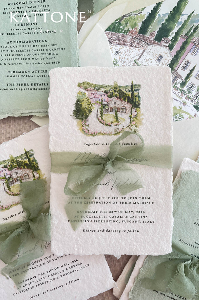 Close up of handmade cotton paper invitation highlighting textured deckled edges, soft watercolor venue illustration and elegant typography.