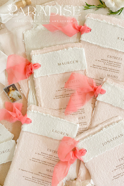 Infuse your event with understated romance and artisanal charm through our colored handmade paper wedding menus, designed to elevate your table styling with a fine art touch. Each piece is handcrafted from 100% cotton rag paper, featuring deckled edges, soft blush tones, and refined letterpress or digital typography for an effortlessly elegant aesthetic. Perfect for weddings, engagement parties, rehearsal dinners, or intimate celebrations.