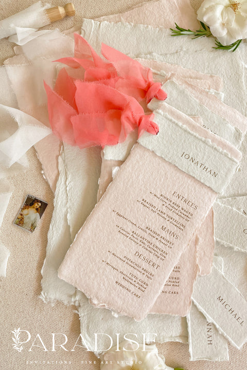 Infuse your event with understated romance and artisanal charm through our colored handmade paper wedding menus, designed to elevate your table styling with a fine art touch. Each piece is handcrafted from 100% cotton rag paper, featuring deckled edges, soft blush tones, and refined letterpress or digital typography for an effortlessly elegant aesthetic. Perfect for weddings, engagement parties, rehearsal dinners, or intimate celebrations.