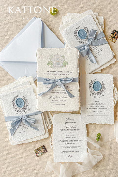 Celebrate your special day with our exquisite Wedding Invitations, featuring a stunning watercolor venue illustration. Each invite is crafted from premium handmade paper with a beautiful deckled edge, adding a touch of elegance to your wedding. Perfect for couples who appreciate artistry and personalization. Contact for a quote tailored to your needs. Make your invitations as unforgettable as your love story with our unique designs.&nbsp;