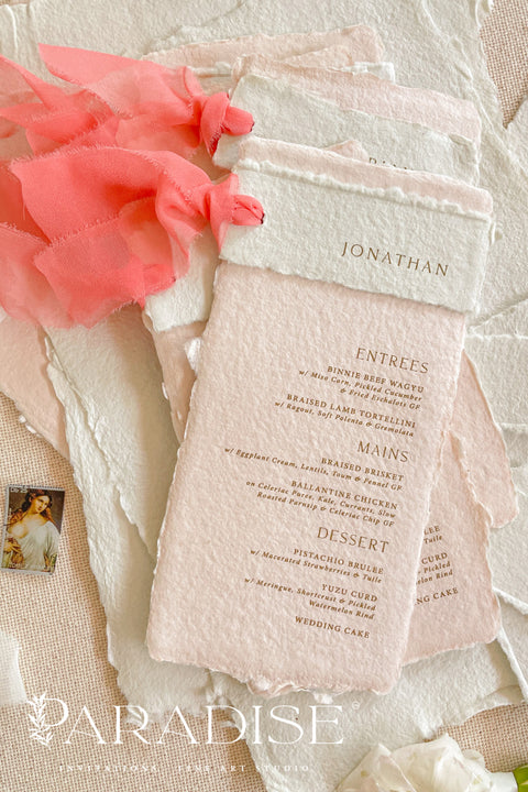 Infuse your event with understated romance and artisanal charm through our colored handmade paper wedding menus, designed to elevate your table styling with a fine art touch. Each piece is handcrafted from 100% cotton rag paper, featuring deckled edges, soft blush tones, and refined letterpress or digital typography for an effortlessly elegant aesthetic. Perfect for weddings, engagement parties, rehearsal dinners, or intimate celebrations.