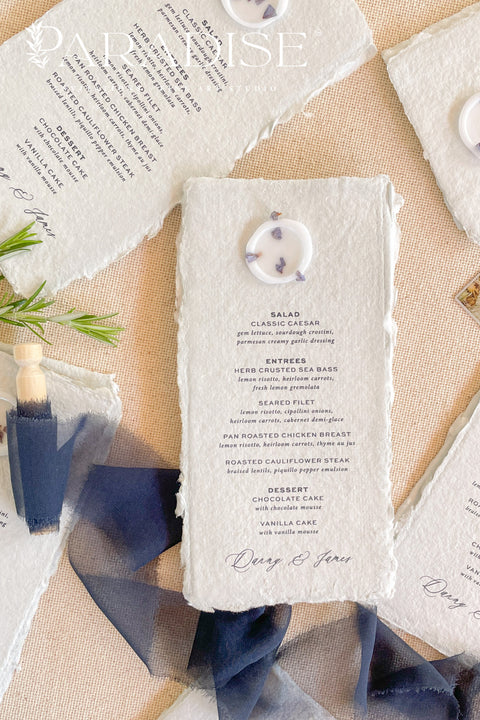 Bring an elevated organic charm to your reception with these handmade paper wedding menus - a perfect combination of artisanal texture and timeless elegance. Crafted from 100% cotton rag paper with natural deckled edges, each menu embodies the delicate craftsmanship that defines fine-art stationery. Perfect for modern romantic weddings, outdoor garden celebrations, or elegant coastal receptions.