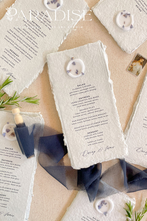 Bring an elevated organic charm to your reception with these handmade paper wedding menus - a perfect combination of artisanal texture and timeless elegance. Crafted from 100% cotton rag paper with natural deckled edges, each menu embodies the delicate craftsmanship that defines fine-art stationery. Perfect for modern romantic weddings, outdoor garden celebrations, or elegant coastal receptions.