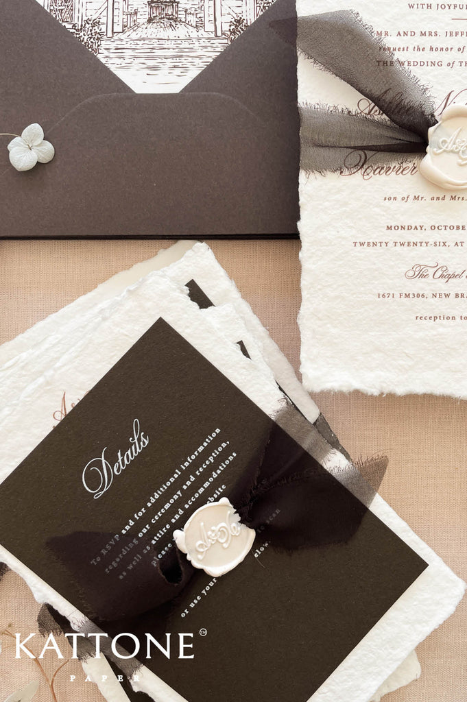 Premium wedding invitation suite with custom chapel liners, white ink address printing, and sophisticated formal styling.