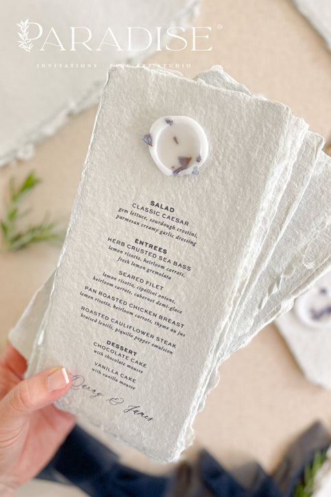 Bring an elevated organic charm to your reception with these handmade paper wedding menus - a perfect combination of artisanal texture and timeless elegance. Crafted from 100% cotton rag paper with natural deckled edges, each menu embodies the delicate craftsmanship that defines fine-art stationery. Perfect for modern romantic weddings, outdoor garden celebrations, or elegant coastal receptions.