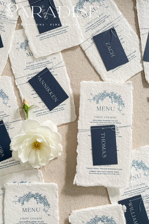 Bring timeless refinement to your reception with these handmade paper wedding menus, featuring a deep navy name tag and blue botanical artwork delicately printed on luxurious cotton paper. Each piece is hand-torn with naturally deckled edges, offering an authentic fine-art texture that perfectly complements elegant, coastal, or destination weddings. Perfectly suited for formal receptions, fine-art weddings, and refined dinner parties.