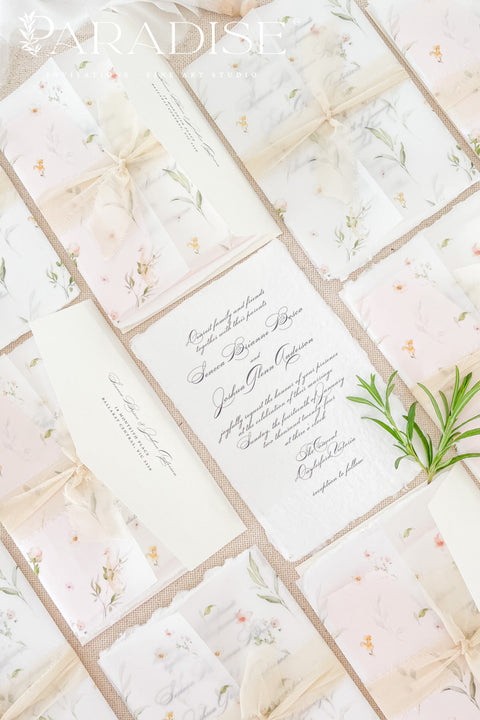 This exquisite wedding invitations suite offers a blend of natural elegance and luxurious sophistication. Perfect for a summer wedding, printed on premium fine art deckle edge paper made from soft cotton paper. This luxury wedding suite combines delicate, hand-painted details with the rich, tactile feel of artisan paper, creating a truly memorable keepsake for your guests.
