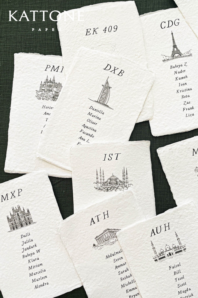 Fine line architectural drawings of landmarks including cathedral, mosque and Eiffel Tower printed on place cards.