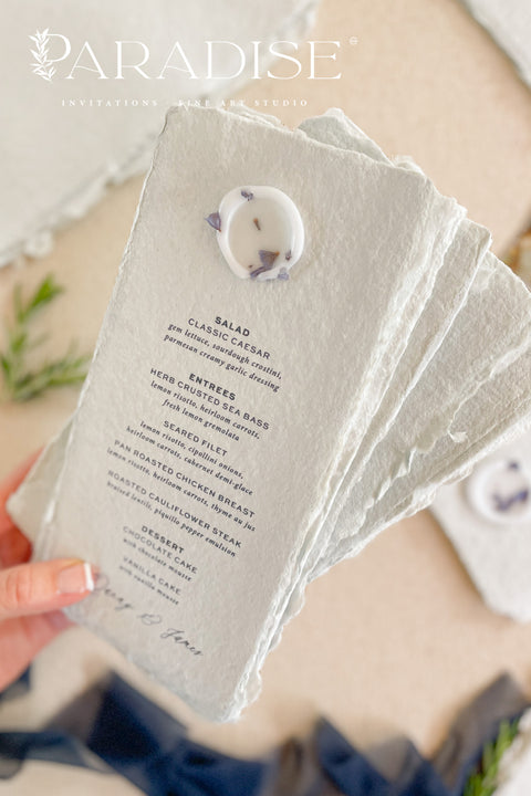 Bring an elevated organic charm to your reception with these handmade paper wedding menus - a perfect combination of artisanal texture and timeless elegance. Crafted from 100% cotton rag paper with natural deckled edges, each menu embodies the delicate craftsmanship that defines fine-art stationery. Perfect for modern romantic weddings, outdoor garden celebrations, or elegant coastal receptions.