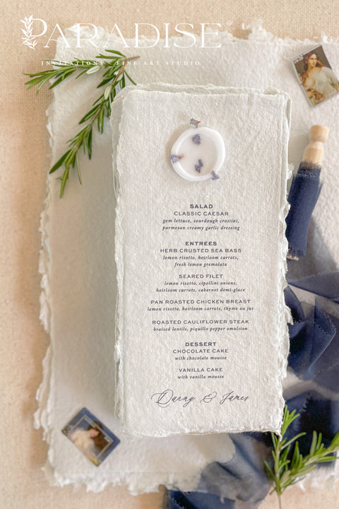 Bring an elevated organic charm to your reception with these handmade paper wedding menus - a perfect combination of artisanal texture and timeless elegance. Crafted from 100% cotton rag paper with natural deckled edges, each menu embodies the delicate craftsmanship that defines fine-art stationery. Perfect for modern romantic weddings, outdoor garden celebrations, or elegant coastal receptions.
