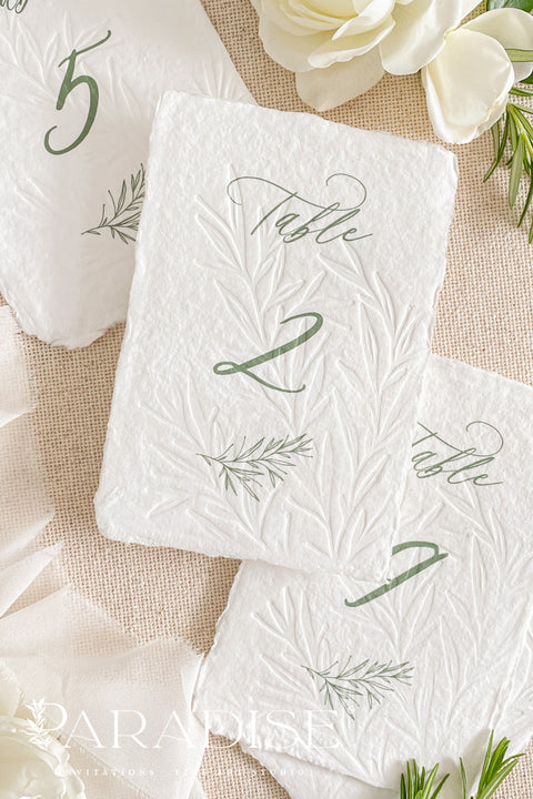 These embossed handmade paper table numbers bring a soft, organic luxury to your wedding reception. Handcrafted cotton paper, botanical embossing, and refined calligraphy create a timeless fine-art look that instantly elevates each table setting. Their natural texture and sculpted details make them perfect for garden, coastal, romantic, or modern weddings, while adding visual depth that photographs beautifully.