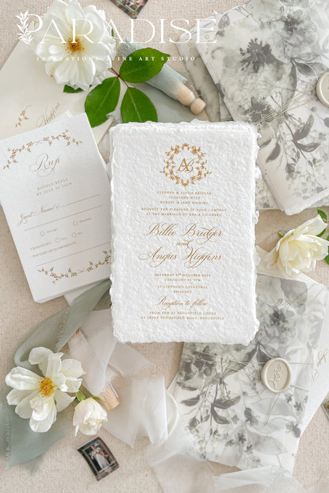 Our handmade wedding invitation suite features a custom hand-drawn monogram, printed on luxury deckled-edge cotton paper, and wrapped in translucent vellum jackets adorned with fine art floral illustrations. Each suite is finished with a silk ribbon and wax seal, blending old-world romance with modern artistry. Designed for couples who cherish attention to detail, this suite embodies elegance and craftsmanship - perfect for fine art, garden, or destination weddings.