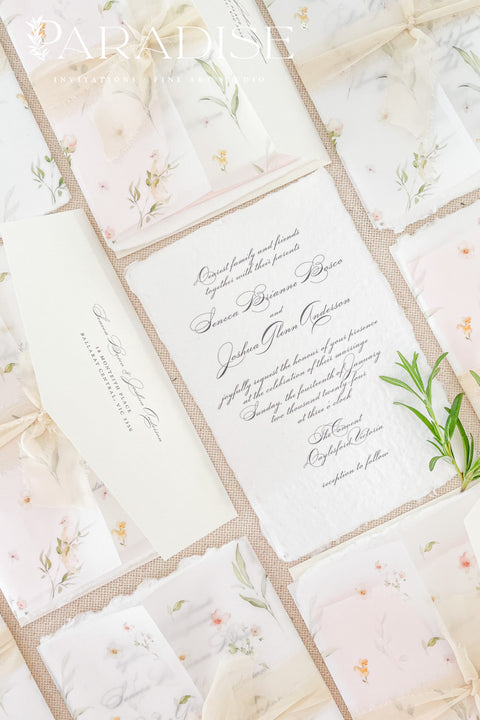 This exquisite wedding invitations suite offers a blend of natural elegance and luxurious sophistication. Perfect for a summer wedding, printed on premium fine art deckle edge paper made from soft cotton paper. This luxury wedding suite combines delicate, hand-painted details with the rich, tactile feel of artisan paper, creating a truly memorable keepsake for your guests.