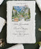 Handmade paper save the date cards with custom watercolor wedding venue illustration and deckle edges.