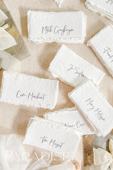 Bring timeless elegance to your event with our handmade paper place cards, crafted from luxurious cotton rag paper and finished with natural deckled edges. Each card features modern calligraphy and an organic fine-art texture, making them perfect for weddings, intimate dinners, bridal showers, or upscale celebrations. These artisan-crafted cards add softness, sophistication, and a beautifully refined touch to any tablescape.