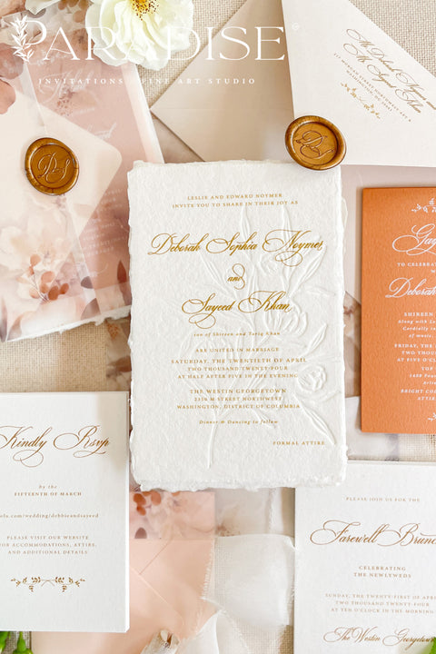 This exquisite wedding invites suite offers a blend of natural texture and romantic charm, perfect for an autumn wedding. Each piece is beautifully embossed with a delicate botanical design onto luxurious deckle edge cotton rag paper, providing a rich, tactile feel. The result is a truly romantic botanical wedding stationery set that captures the warm, earthy tones and intimate feel of the season.