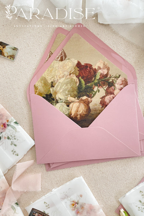 Stack of rose pink envelopes with floral liners visible, highlighting consistent color, premium paper quality, and refined finish.