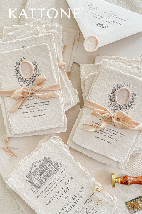 Invite your guests to your special day with the artful and personal charm of these custom wedding invitations. The unique suite features a beautiful, custom venue illustration sketch, hand-drawn by us to capture the essence of your wedding location. Designed with a light summer breeze theme and a boho chic aesthetic, this wedding stationery sets a warm, relaxed, and intimate tone for your upcoming celebration.