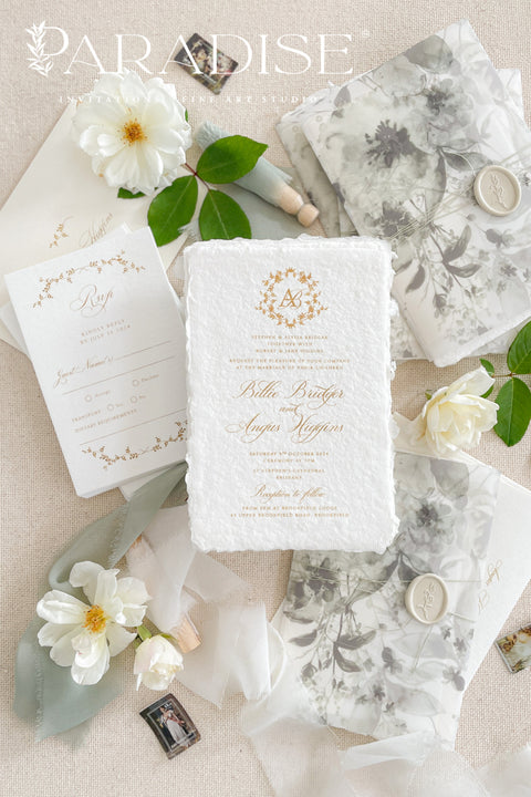 Our handmade wedding invitation suite features a custom hand-drawn monogram, printed on luxury deckled-edge cotton paper, and wrapped in translucent vellum jackets adorned with fine art floral illustrations. Each suite is finished with a silk ribbon and wax seal, blending old-world romance with modern artistry. Designed for couples who cherish attention to detail, this suite embodies elegance and craftsmanship - perfect for fine art, garden, or destination weddings.