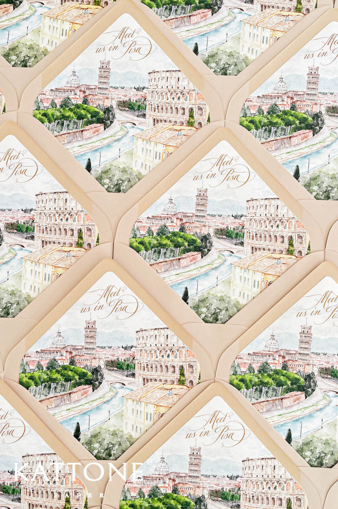Luxury wedding envelopes with custom watercolor liners featuring romantic Pisa cityscape illustration and fine art wedding styling.
