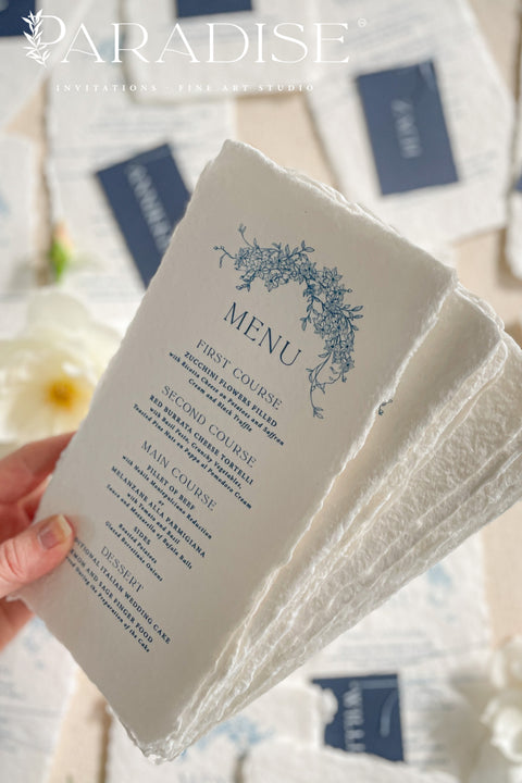 Bring timeless refinement to your reception with these handmade paper wedding menus, featuring a deep navy name tag and blue botanical artwork delicately printed on luxurious cotton paper. Each piece is hand-torn with naturally deckled edges, offering an authentic fine-art texture that perfectly complements elegant, coastal, or destination weddings. Perfectly suited for formal receptions, fine-art weddings, and refined dinner parties.