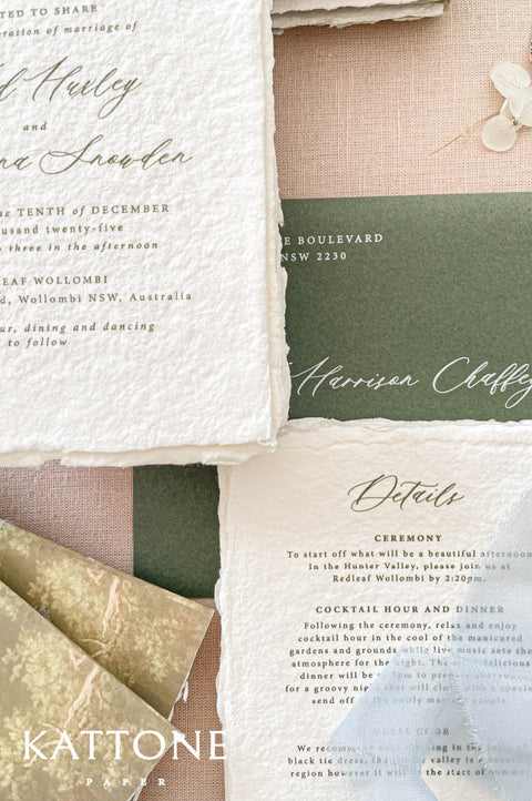 Elegant handmade paper wedding invitation with deckled edges featuring refined typography and a custom illustrated venue sketch for a timeless countryside wedding aesthetic.