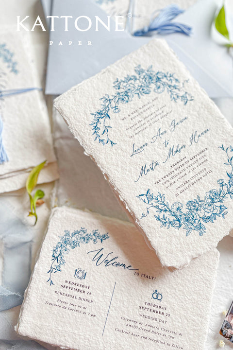 Embrace bohemian charm and natural elegance with the Juliette boho rustic stationery sets. Each handmade wedding invitation is a beautiful work of art, featuring luxurious cotton rag paper with a romantic deckle edge. To complete the bohemian feel, every suite is embellished with a delicate tassel, creating a uniquely personal and tactile experience for your guests. The combination of rustic textures and charming details makes this collection perfect for a relaxed and romantic celebration.