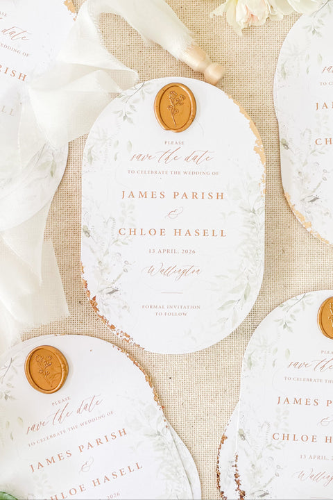 Make a lasting first impression with our Double Arch Save the Date cards, a modern yet timeless design crafted for couples who value artistry and refinement. Printed on luxury textured cardstock with subtle botanical detailing, these cards feature a unique arched silhouette, shimmering gold foil lettering, and a hand-stamped wax seal - the perfect harmony of elegance and contemporary design.