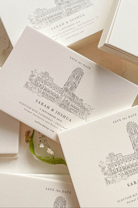 Announce your wedding day with classic sophistication through our Save the Date cards featuring a hand-drawn venue illustration. Printed on luxury textured cardstock with fine art precision, each card beautifully showcases your wedding location - from grand cathedrals to countryside estates - creating a personal and elegant keepsake.