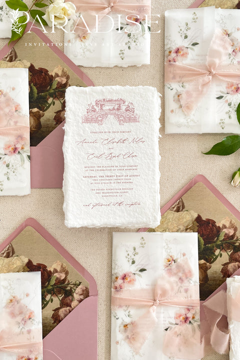This exquisite wedding invitations suite offers a personal and artistic touch, perfect for a summer wedding. Each invitation features a custom, hand drawn venue illustration that beautifully captures the unique charm of your location. The illustration is printed on luxurious handmade cotton paper, which provides a rich, tactile feel and a timeless finish, creating a truly memorable keepsake for your guests.